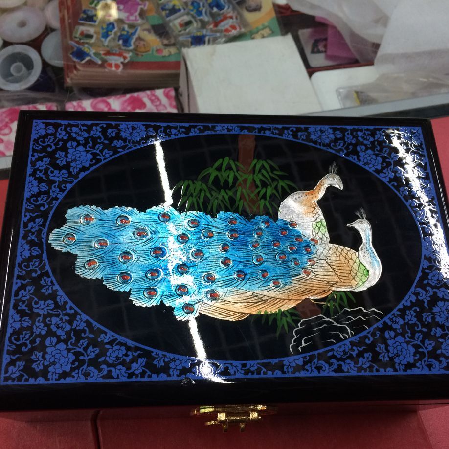 Wholesale 21*14*7.5cm Chinese Handmade Classic fish Wooden Lacquerware&Embroidery Peony 2 Layer Jewelry Box