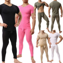 Men Clothes Set Mens Undershirts Short Sleeve T-shirts Homme Underwear Slim Fitness Tops Penis Pouch Sleep Bottoms Long Pants