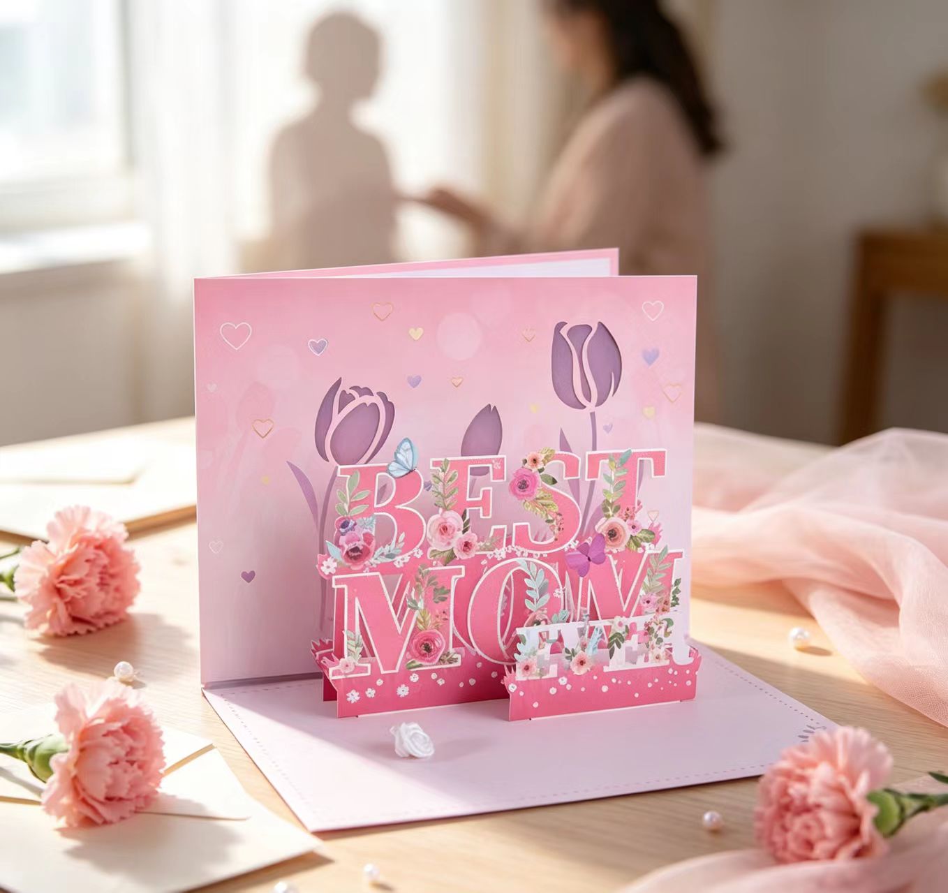 pink flower mother's day pop up card