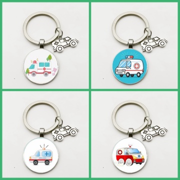 New Fashion Charm Keychain Ambulance Pendant Glass Convex Round Jewelry Cartoon Gift for Man Car Key Woman Bag Handmade