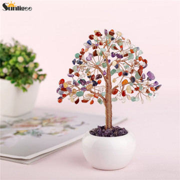 Sunligoo Feng Shui Money Tree Ornaments Mini Tumbled Gemstones Bonsai Tree Figurines Ceramic Vase Living Room Office Home Decor