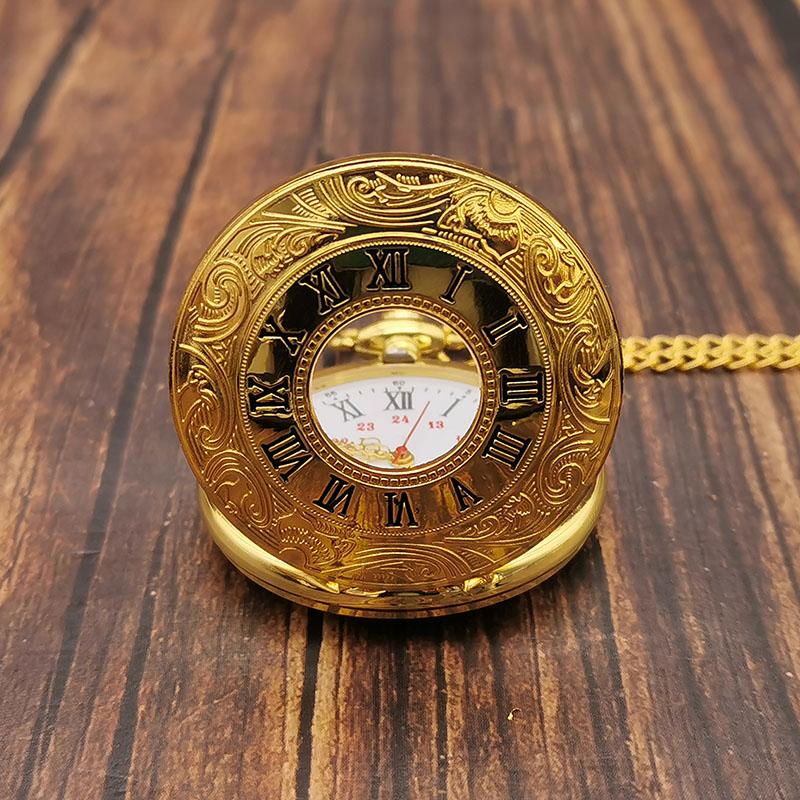 Classic Vintage Gold Quartz Pocket Watch Chain Roman Numerals Unisex Hollow Case Vintage Pendant Necklace Women Men Gifts