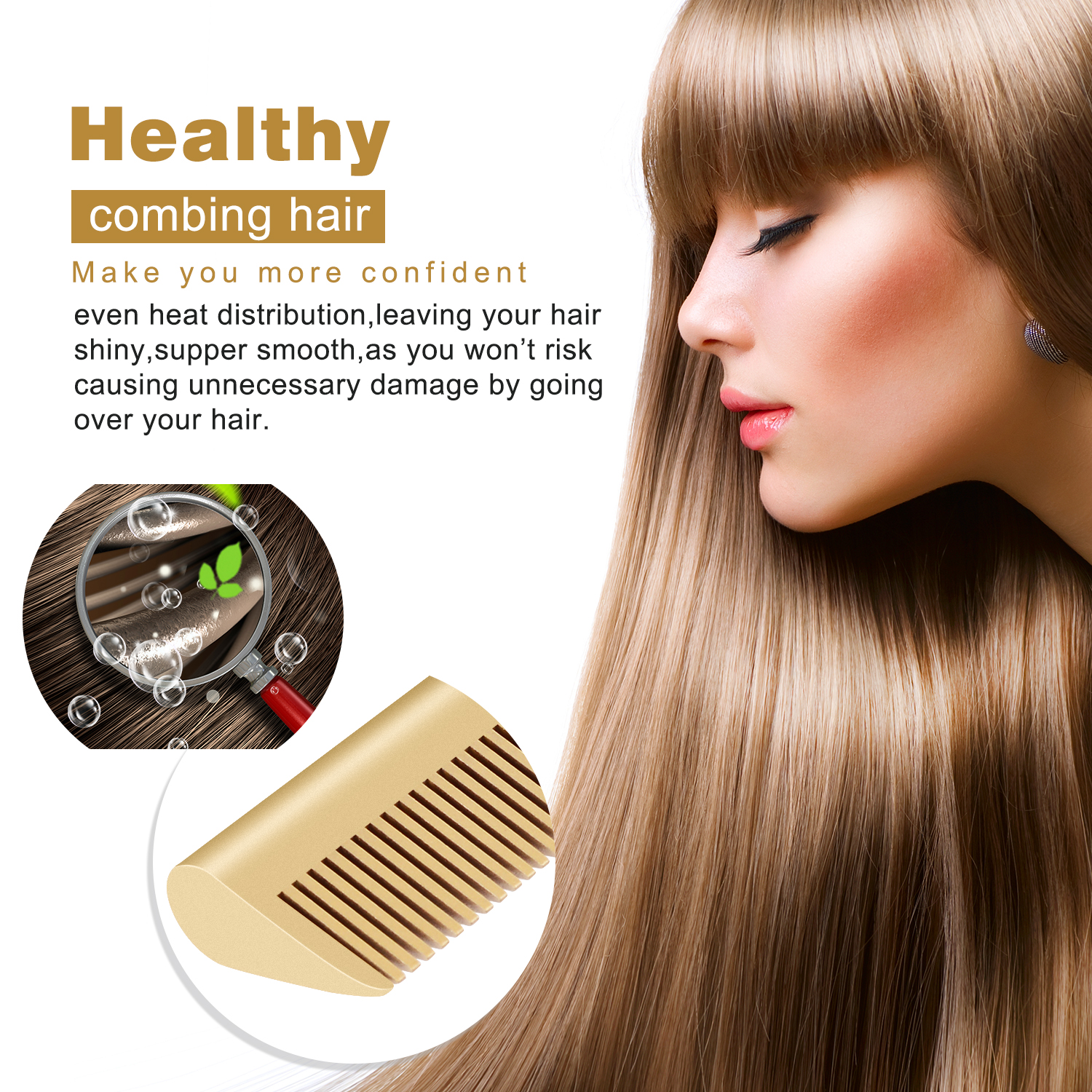 Gold multifunctional Eletric Hair Comb Hair Straightener Hair Curler Iron Comb Hot Heating Comb TPC Titanium Aluminum alloy