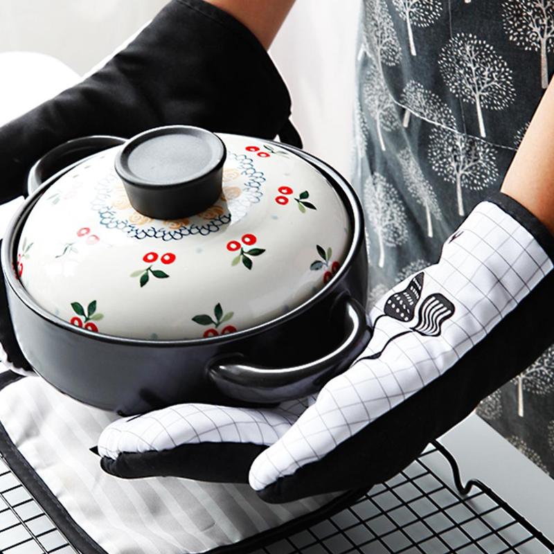 2pcs/set Microwave Baking BBQ Glove Cotton Cute Oven Mitts Heat Resistant Linen Potholders Non-slip Kitchen Cooking Tools Mitten