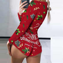 Sexy Women Bodysuit Long Sleeve Christmas Decor Deep V Neck Bodycon Stretch Leotard Top Button Short Romper Pajamas Jumpsuit