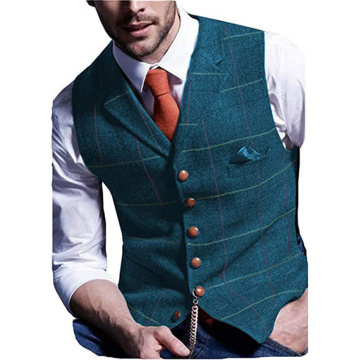 Blue Mens Vest Tweed Waistcoat Notch Lapel Wool Herringbone Vintage Suit Waicoat Lapel Vest