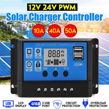 100A/50A/40A/30A/20A/10A 12V 24V Auto Solar Charge Controller PWM Controllers LCD Dual USB 5V Output Solar Panel PV Regulator