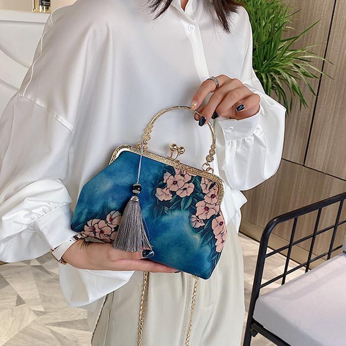 Printed flower women evening bags with tassel small day clutch luxury new 2020 party handbags shoulder chain messenger purse