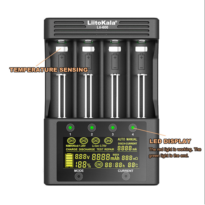 LiitoKala lii-600 Battery Charger 3.7V 1.2V AA AAA 18650 26650 16340 14500 10440 18500 Charger with LCD Screen+12V5A Adapter