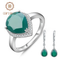 GEM'S BALLET Solid 925 Sterling Silver Gemstone Earrings Ring Set Natural Green Agate Jewelry Set For Women Vintage Fine Jewelry