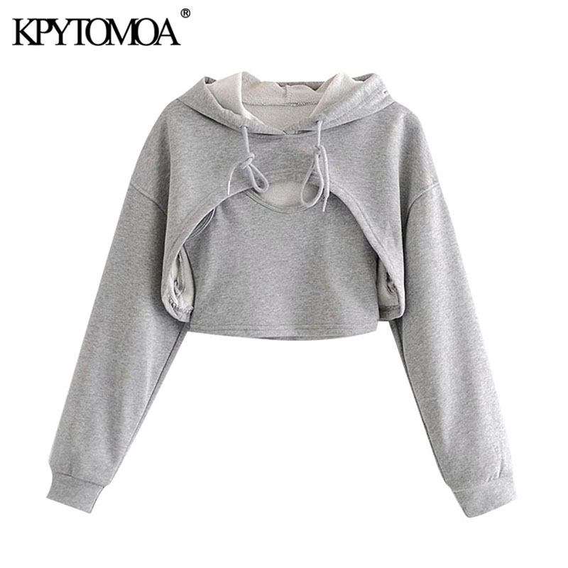 KPYTOMOA Women 2021 Fashion Two Pieces Sets Cropped Hoodies Sweatshirts Vintage Long Sleeve Asymmetric Female Pullovers Chic Top