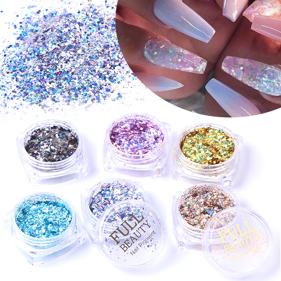 6pcs Mixed Nail Sequins Glitter Hexagon on Nails Gold Holo Mermaid Flakes Paillette 3D Spangles Tips for Gel Manicure CH1539-12