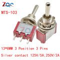 5pcs Mini auto MTS-103 Toggle Switch 3Pin 3 Position Latching SPDT MTS103 ON-OFF-ON 125VAC 6A/5A 250VAC 2A/3A 1/4 Inch Mounting