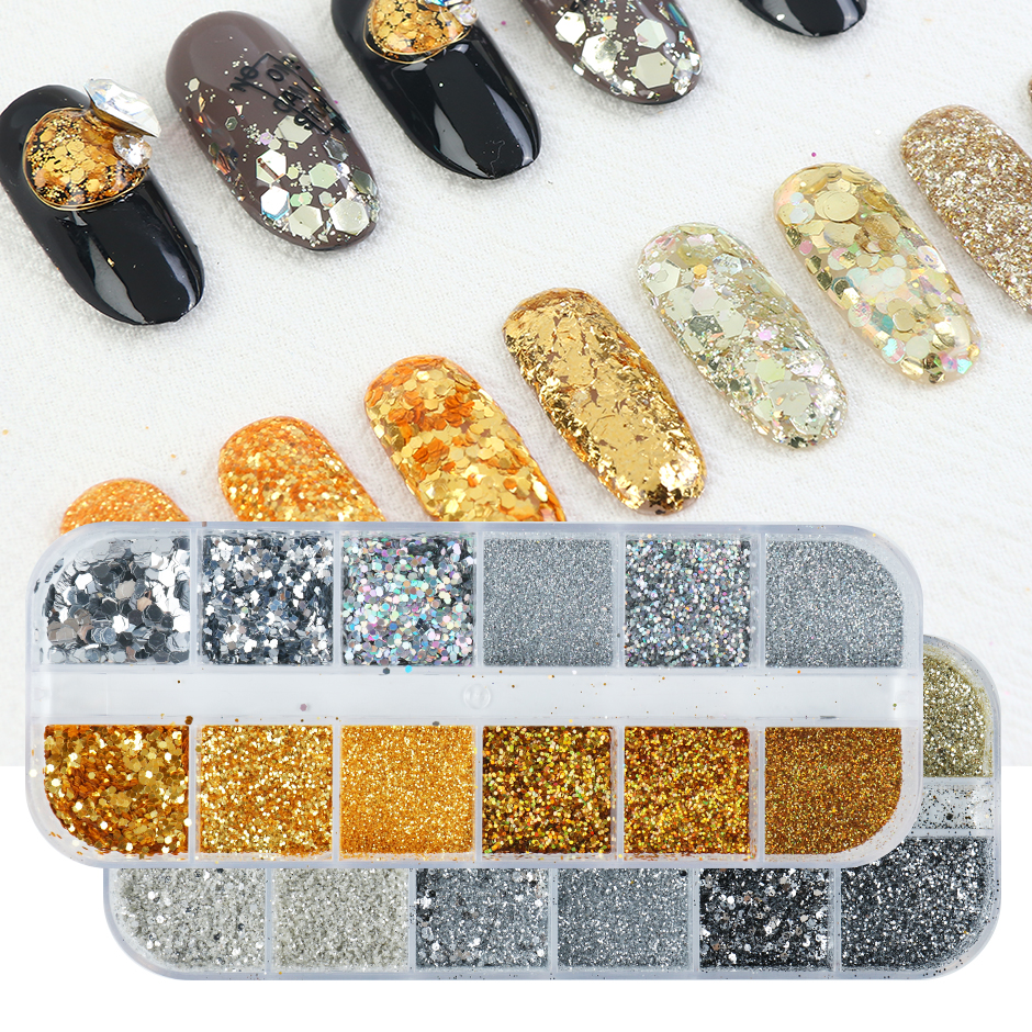 Holographic Nail Glitter Flakes Sequin 12pcs in 1 Rose Gold Silver DIY Butterfly Dipping Powder for Acrylic Nails Tools CH1585