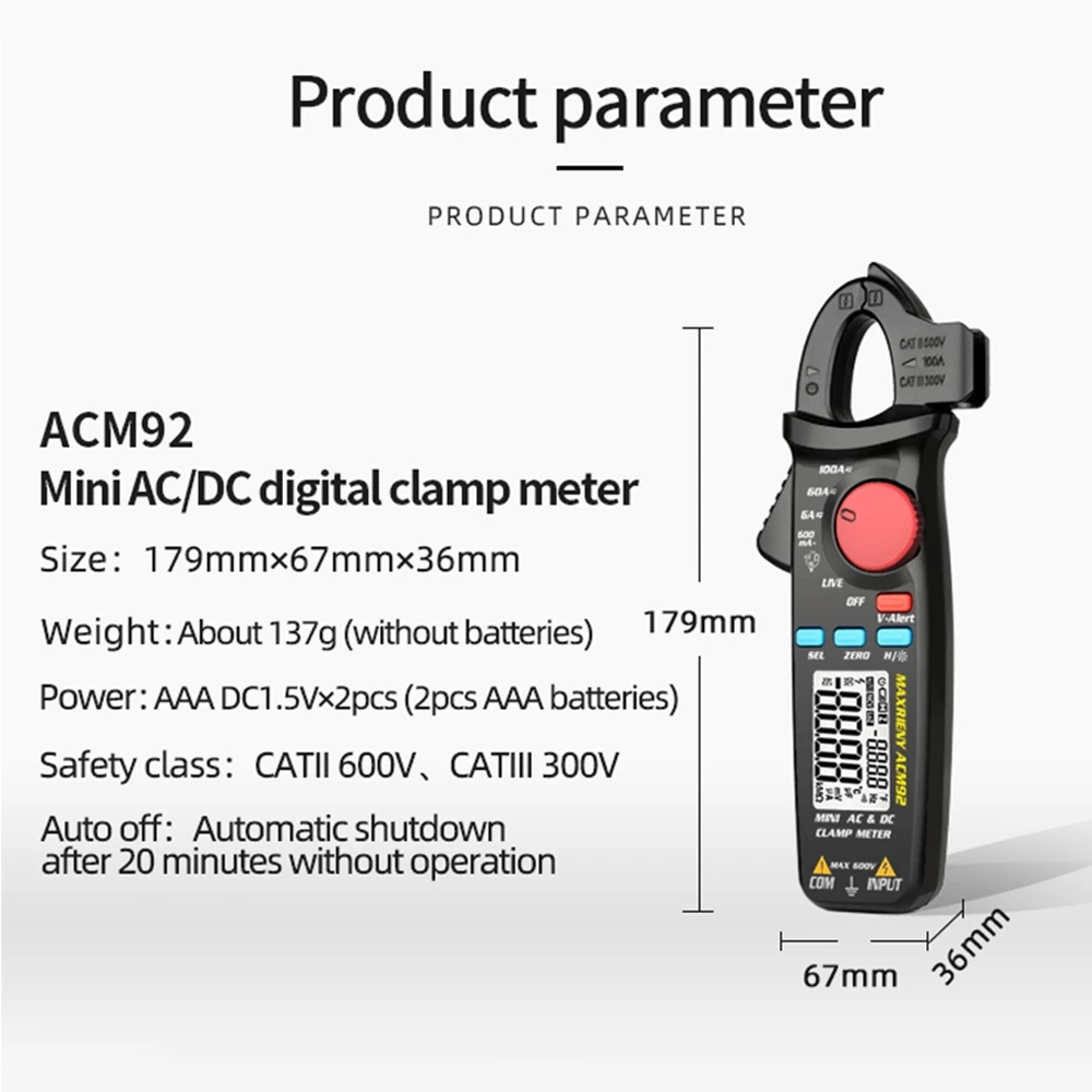 Digital RMS Clamp Meter ACM92 DC AC Current 100A 0.1/1mA Car repair Ammeter Multimeter voltage Ohm Hz NCV Continuity Tester