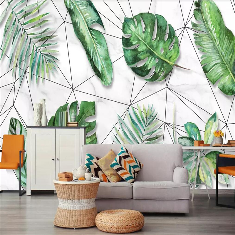 Decorative wallpaper series Nordic style of small fresh tropical rainforest banana leaf geometric line background wall