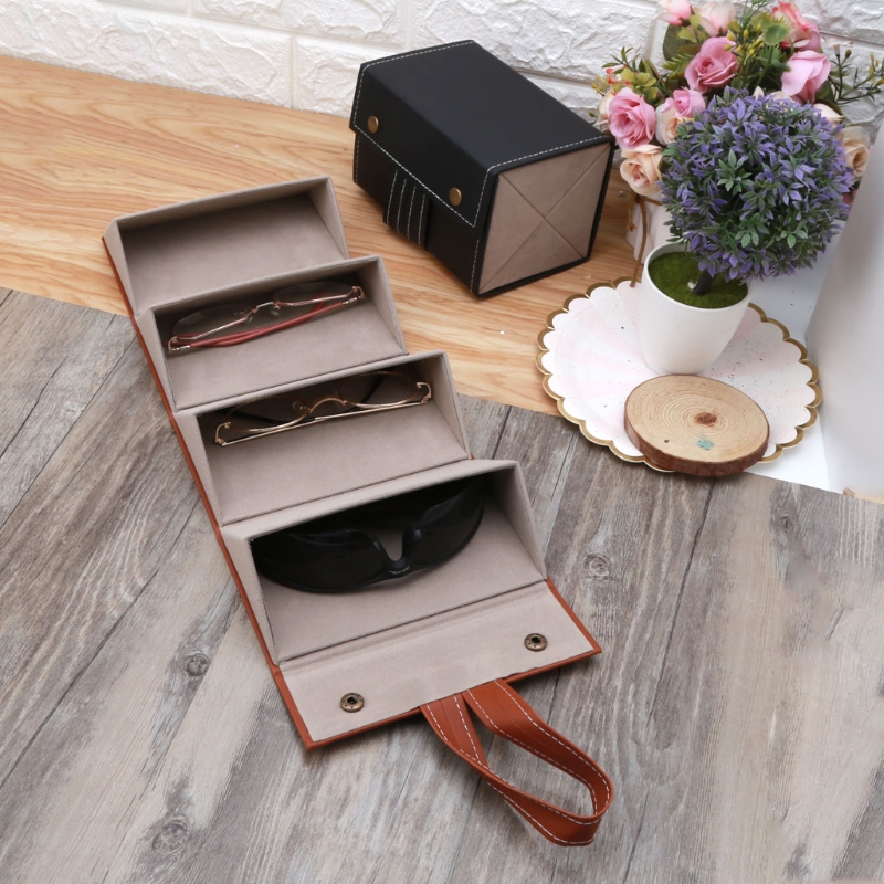 4 Slots Foldable PU Leather Sunglasses Eyeglasses Travel Organizer Case Multiple Hanging Eyewear Holder Display