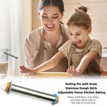 Adjustable Stainless Rolling Pin with Scale Dough Stick for Baking Cookie Removable Thickness Rings Pastry Pizza Pie Baking Tool