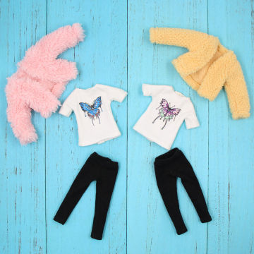 Outfit for Blyth doll Fluffy Coat with Butterfly T-shirt and Black Pants for the 1/6 Doll BJD ICY NEO