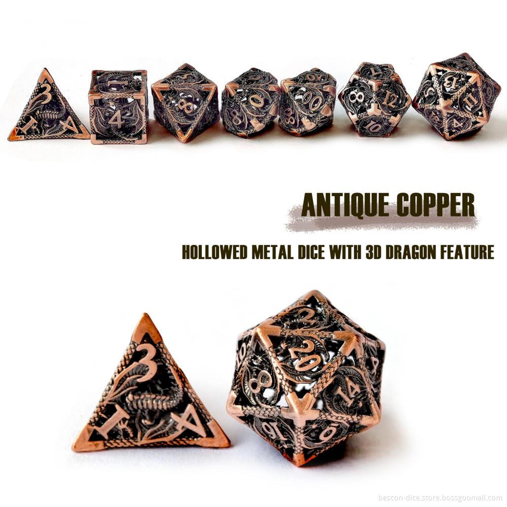 Hollowed DND Metal Dice Featured with 3D Dragon, Hollow Metal Dice