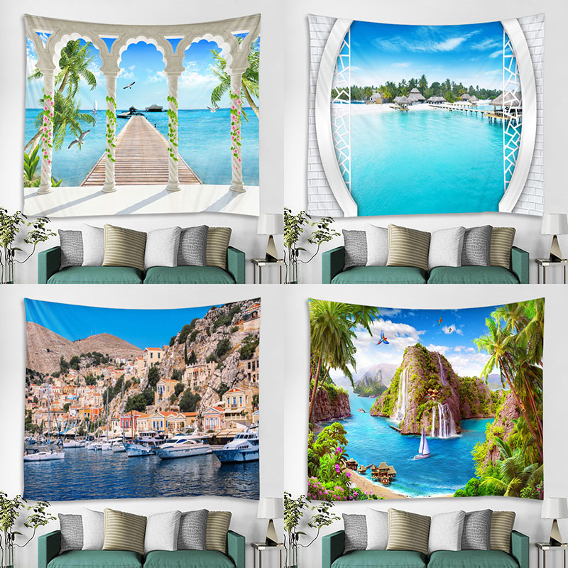 The beautiful scenery outside the balcony window background decoration cloth digital printing tapestry factory direct sales can