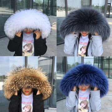 Width 24cm Large Size Real Raccoon Fur Collar Women Winter Parka Hooded Jacket Coat Fur Collar Warm Fur Scarf