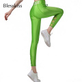 Blesskiss Shiny Neon Sport Leggings For Women Fitness Yoga Pants High Waist Printed Letters LULU Mesh Workout Tights Gym Wear