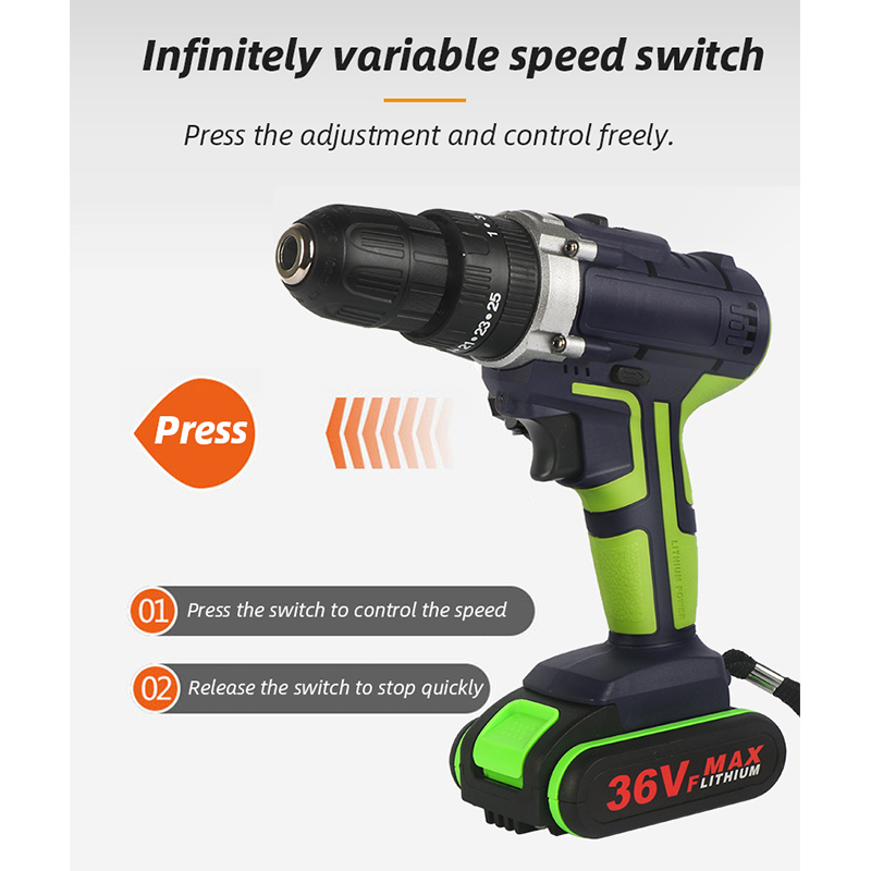 36VF 8000mAh 2 Batteries Cordless Electric Drill Screwdriver LED 25-speed Torque Double Speed Waterproof