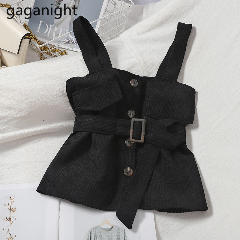 Gaganight Solid Women Corduroy Outwear Vest Sleeveless Tops with Belt Autumn Winter Fashion Office Lady Vintage Tank Camis Chic