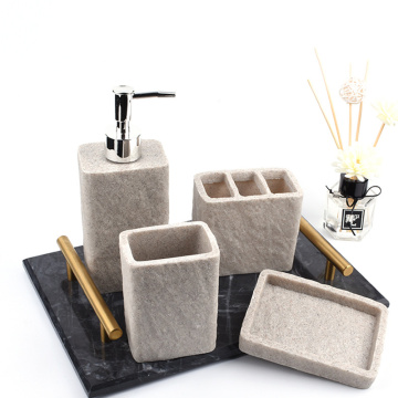 Modern 3 styles sandstone resin hand-polished four-piece bathroom accessories lotion bottle &cup&soap dish&toothbrush holder