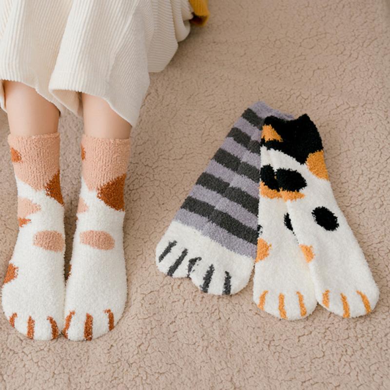 Winter Cats Paw Stripe Socks Cute Funny Thick Girls Cartoon Animal Fingers Sock Hosiery Sleeping Home 6 Colors Kawaii Socks