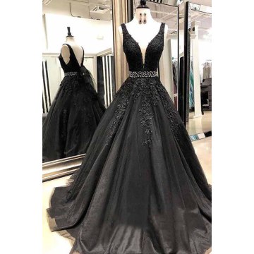 Black Long Prom Dresses with Beading V-Neck Ball Gown Tulle Appliques Lace Saudi Arabic Evening Dress Gown abiye gece elbisesi