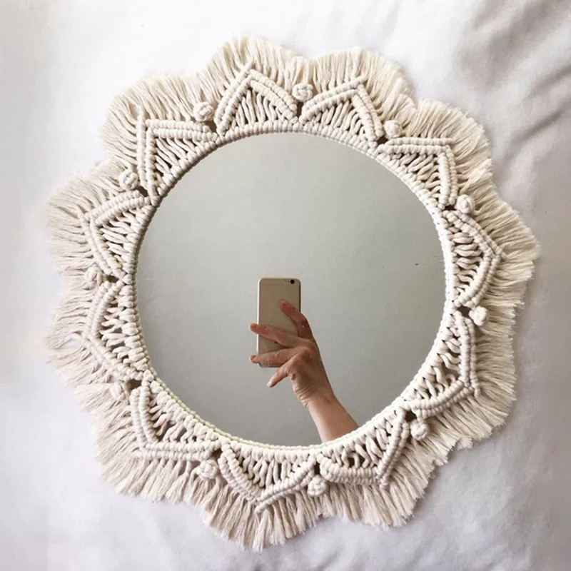 Home Decor Macrame Mirror Handmade Tapestry Makeup Mirror Compact Bohemia Decoration Home Bedroom Decorative Mirrors Wall Mirror