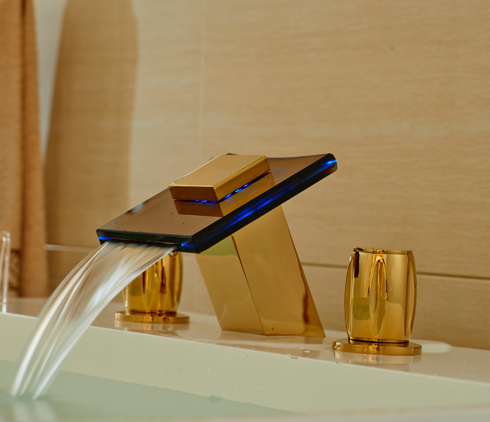 Widesprad 3 Holes Bathroom Sink Faucet LED Light Glass Spout Mixer Tap Gold