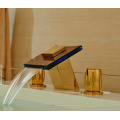 Widesprad 3 Holes Bathroom Sink Faucet LED Light Glass Spout Mixer Tap Gold