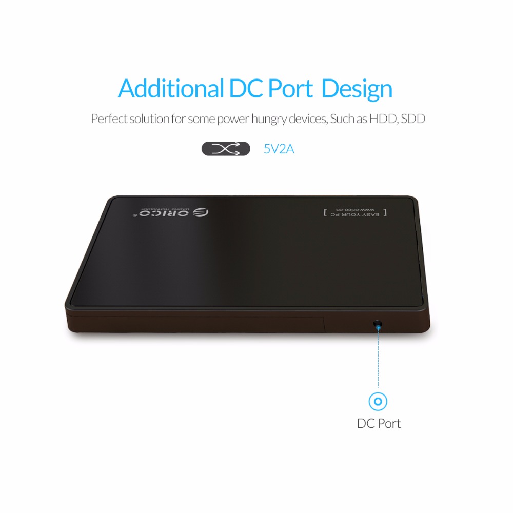 ORICO 2.5 HDD Enclosure USB 3.0 Hard Drive Case with 3 Ports USB3.0 HUB Tool Free Design Driver Not Required with 5V2A Power