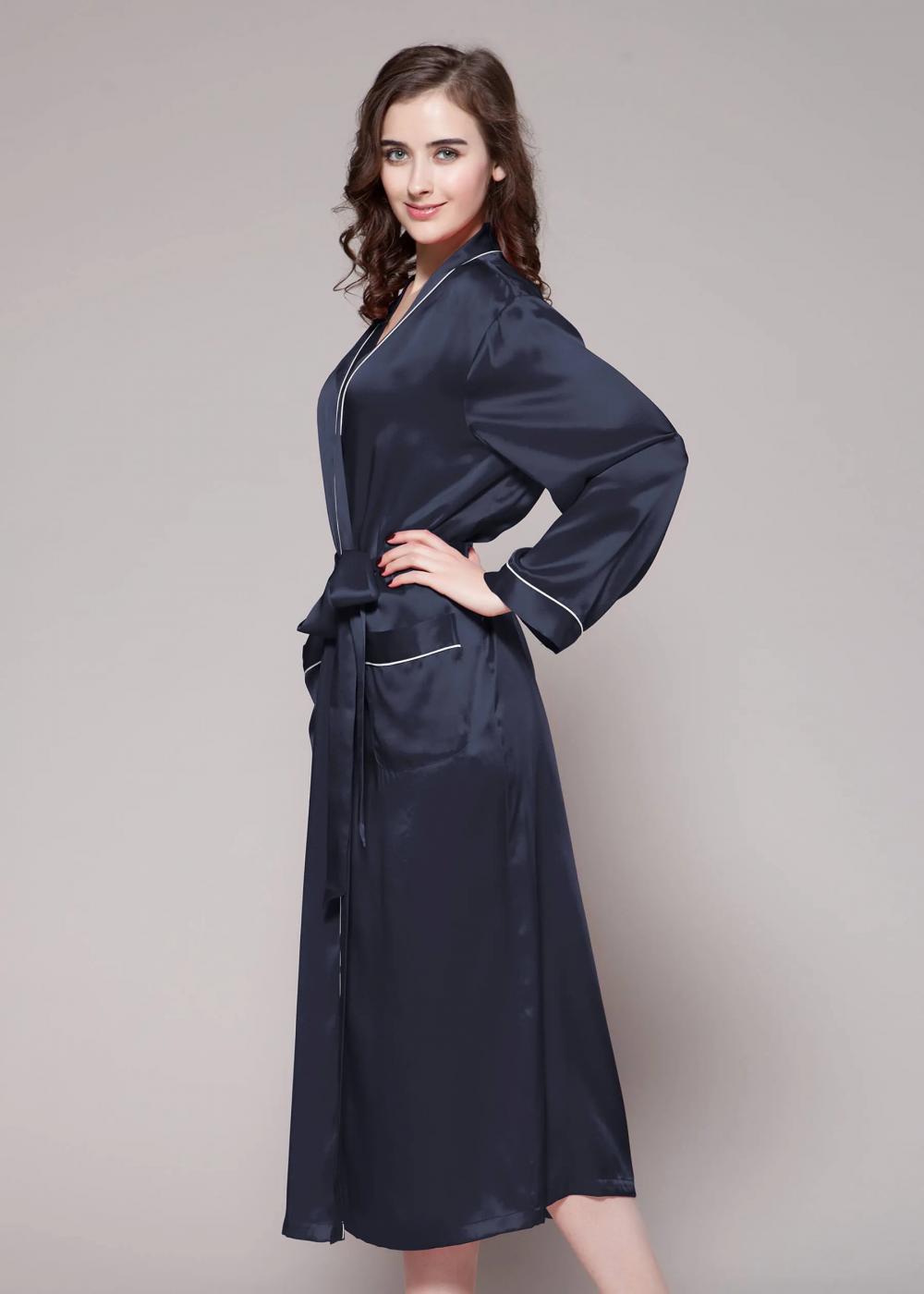 19 Momme Contra Trim And Full Length Women's Silk Robe Silky Kimono Bathrobe for Bride Bridesmaids Wedding Party Loungewear Long