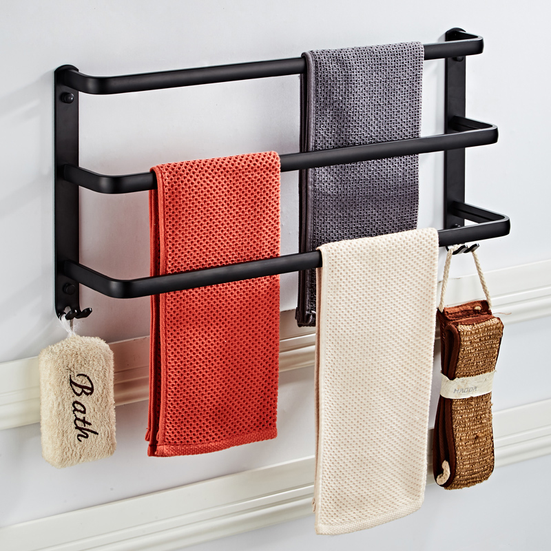 Towel Hanger Wall Mounted 40-50 CM Towel Rack Aluminum Bathroom Hanging Robe Hook Shelve 3 Layer Matte Black Towel Holder