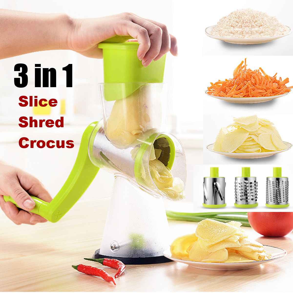 Roller Vegetable Slicer Cutter Potato Chopper Carrot Grater Detachable 3 Stainless Steel Blade Non-Slip Base Meat Grinder