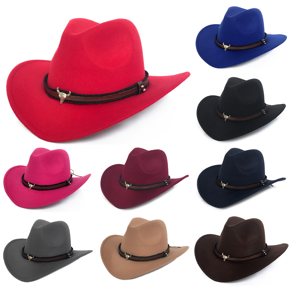Metal cow head western cowboy hat autumn and winter woolen jazz hat felt hat men and women top hat Clothing Decor Accessory Gift