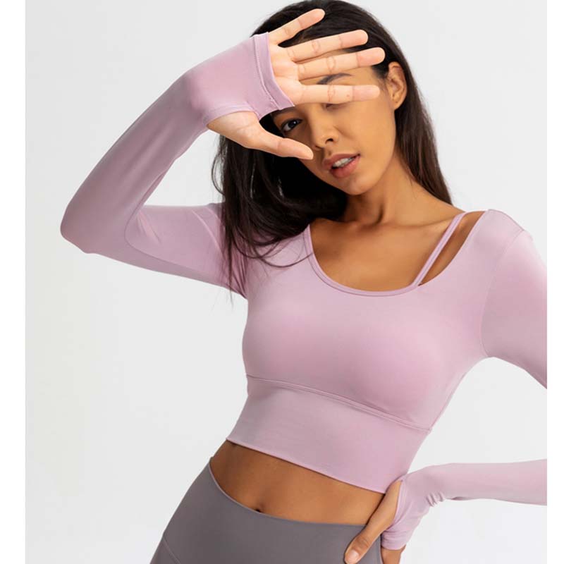 Women Long Sleeve Workout Fitness Crop Top Tight Sport Gym Yoga Shirts With Chest Pad Running Clothing