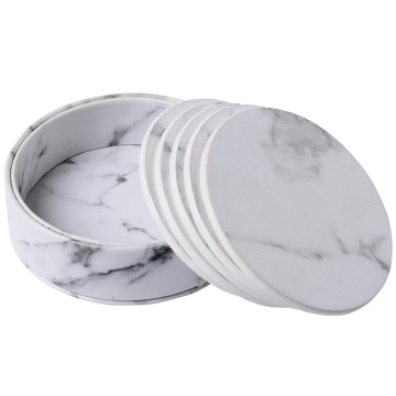 6 Pcs Coasters Marble Pu Leather Round Heat Insulation Table Placemat Drink Coasters Cup Mats For Home Table Kitchen Decor