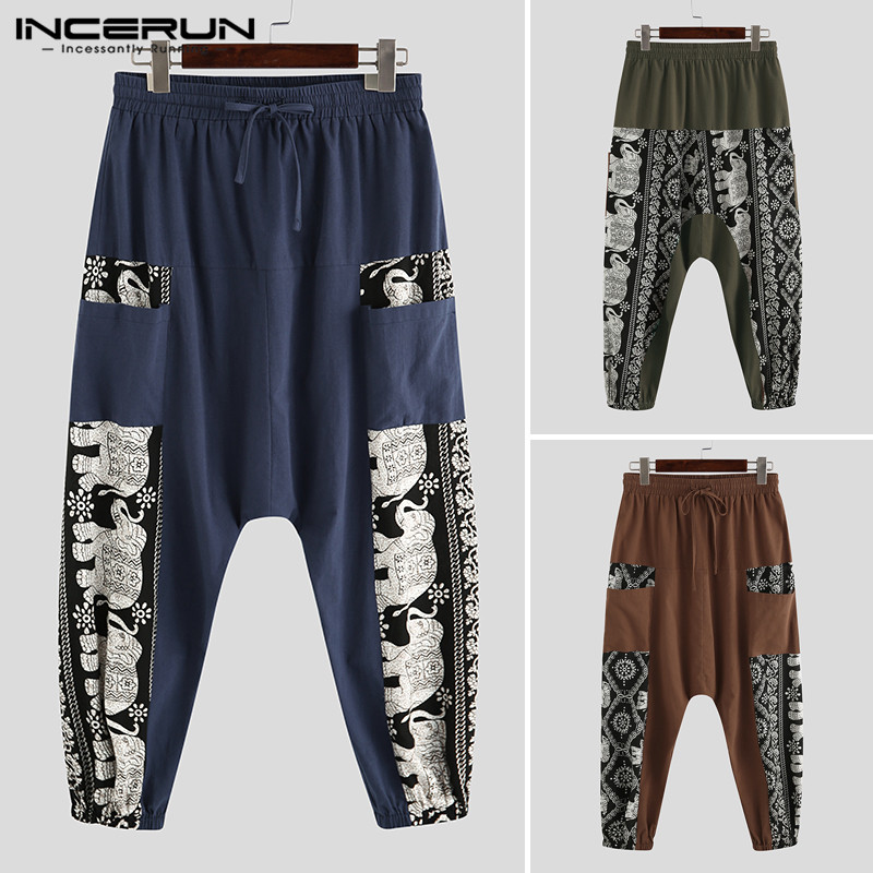 INCERUN Printed Men Harem Pants Vintage Cotton Joggers Drop Crotch Trousers Drawstring 2020 Loose Streetwear Casual Chic Pants 7