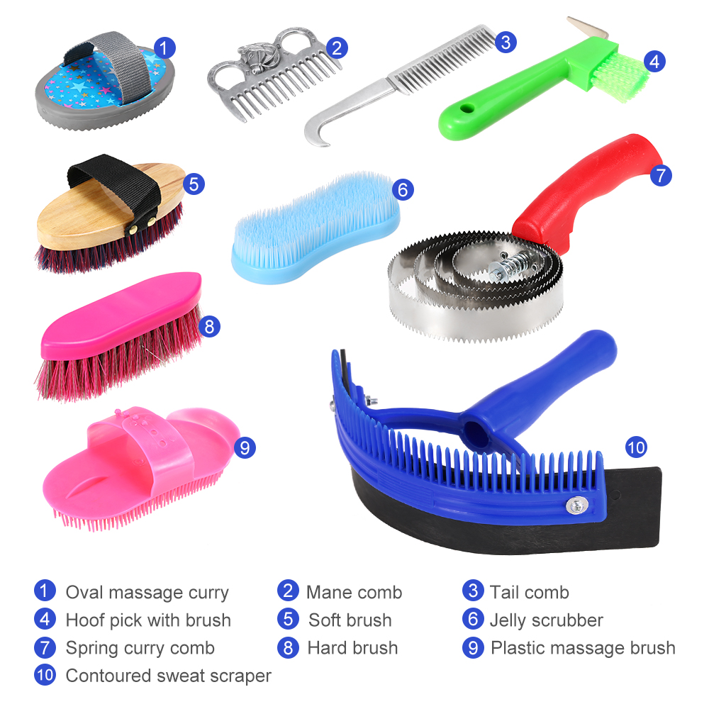 10-IN-1 Horse Grooming Tool Set Cleaning Kit Mane Tail Comb Massage Curry Brush Sweat Scraper Hoof Pick Horse Equipment