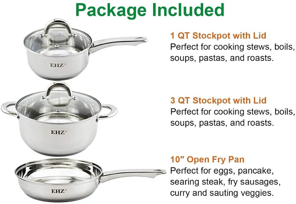 EHZ Cookware Set Stainless Steel Pots Composite Bottom Saucepan Saute Steak Pan Non Stick Fry Pan with Lids Kitchenware Set 5PCS