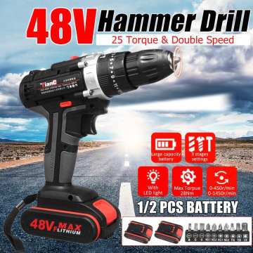 3-Speed Electric Drill Cordless Screwdriver Impact Drill 48V Max Lithium Battery Mini Drill Cordless Screwdriver Power Tools