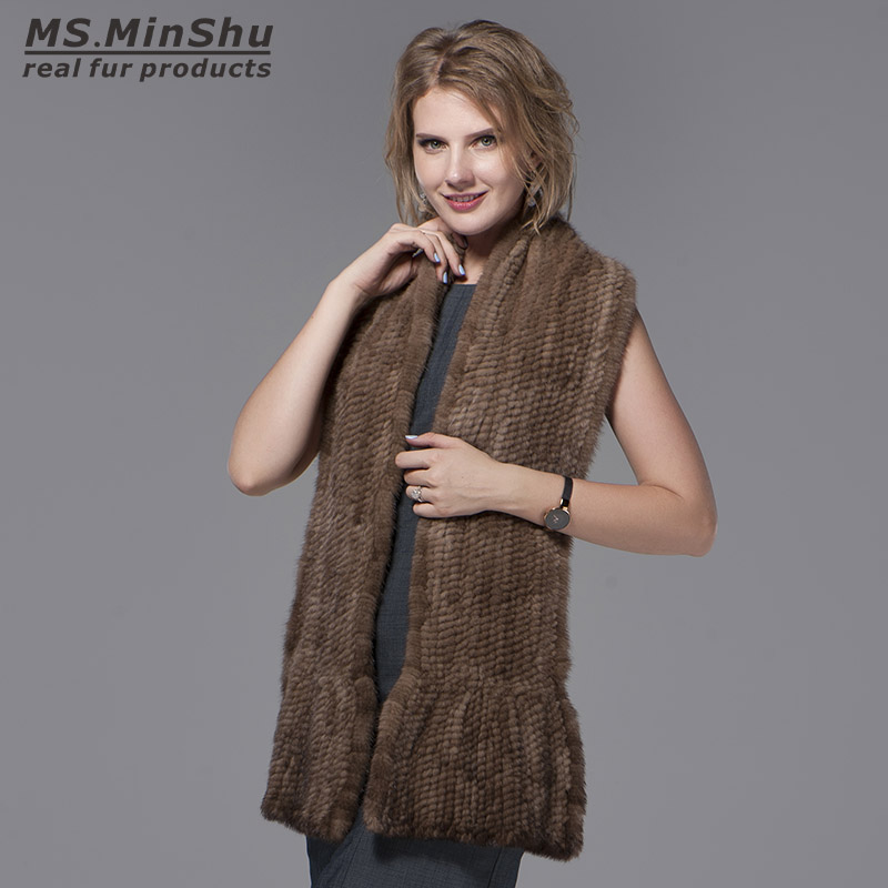 Ms.MinShu Natural Mink Fur Scarf Hand Knitted Long Mink Fur Scarf Woman Winter Scarf Wrap Genuine Mink Fur Shawl Female