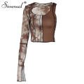 Simenual One Shoulder Cut Out Patchwork Club Women Crop Tops Long Sleeve Tie Dye Sexy T Shirts Autumn Fashion Hot Skinny Tees