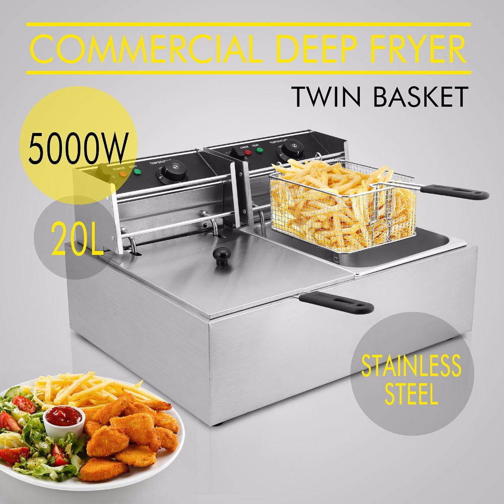 5000W 20L Electric Commercial Deep Fryer Twin Basket Steel Benchtop Food Tool