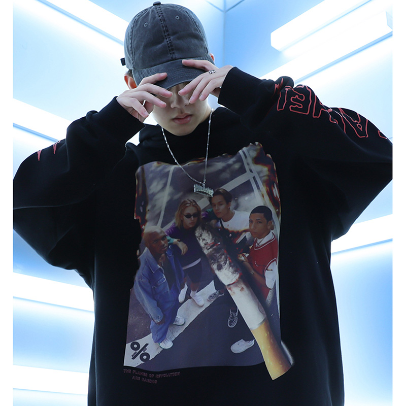 Hip Hop Mens Hoodie Sweatshirt Burning Cigarette Retro Streetwear Harajuku Pullover Cotton 2020 Casual Loose Sweat Shirt Black